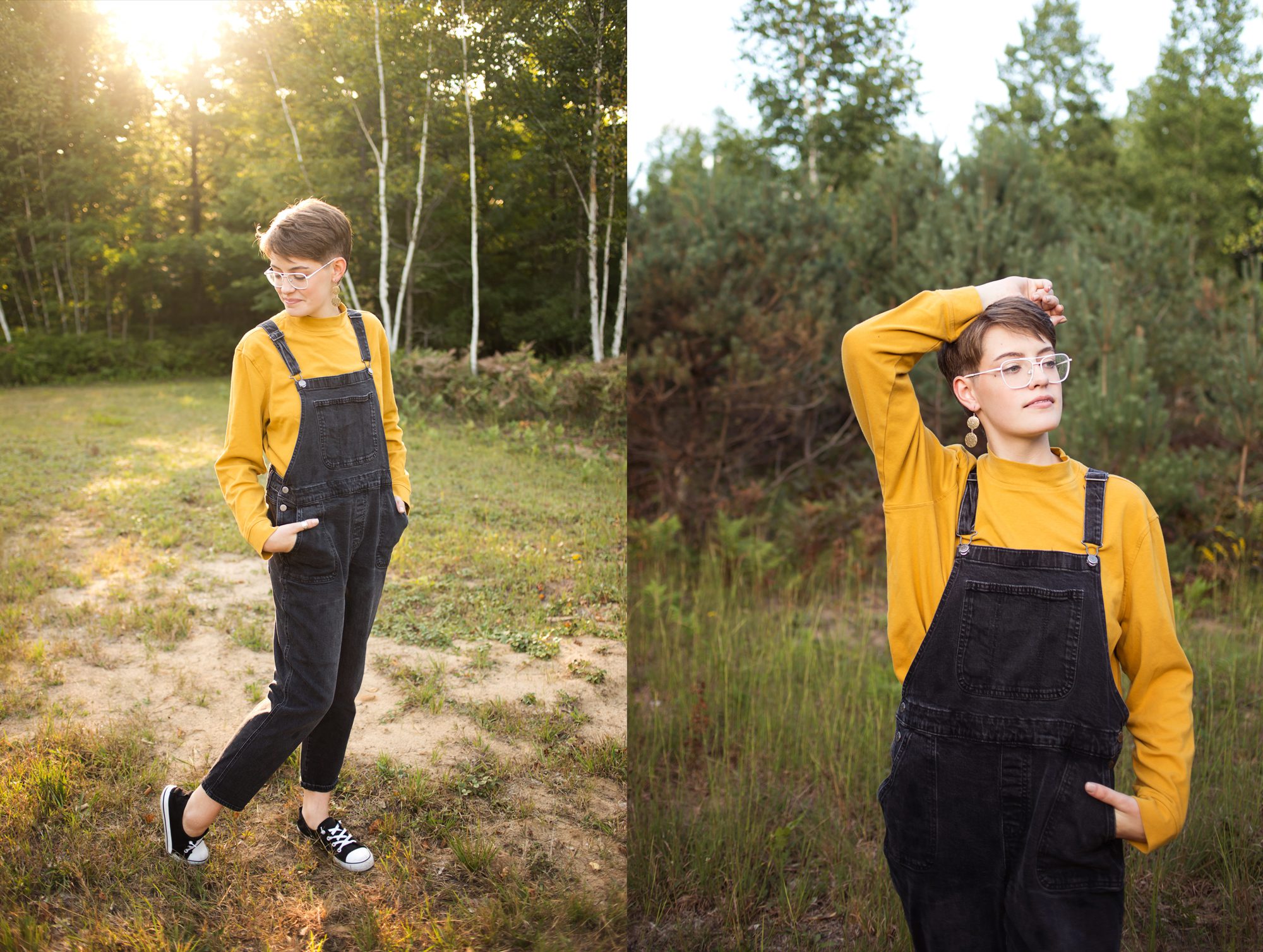 Young woman stands outside near trees in a field in Stanford, MI | Midland Senior Photographer