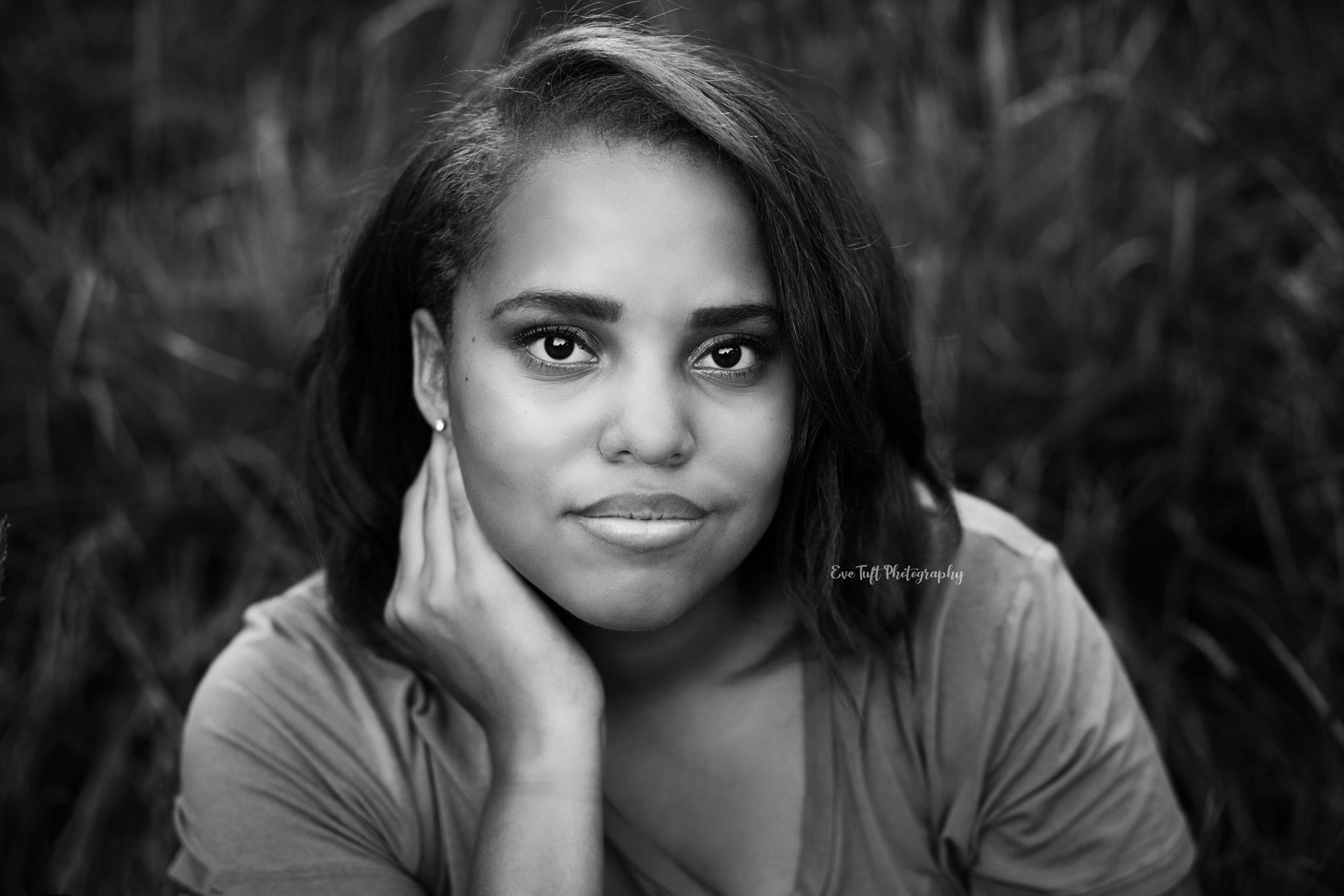 Soft smiling senior girl in black and white. Midland, Michigan photographer