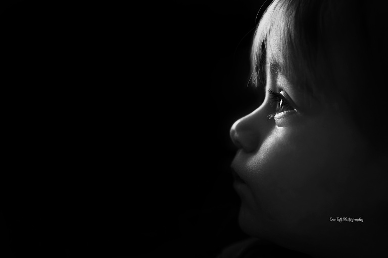 Profile of a small child in black and white. Midland, Michigan Photographer