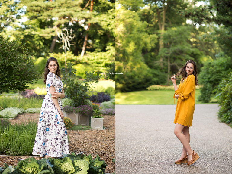 Senior girl in two different dresses outside in Dow Gardens | Michigan High School Photographer