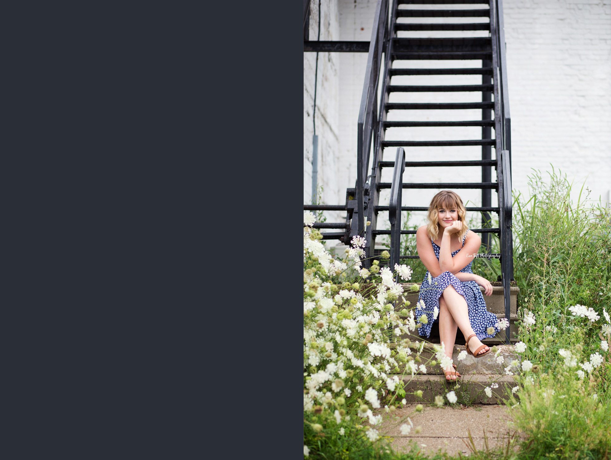High School girl sitting on stairs in an alleyway for her photo session | Midland, Michigan Senior Photographer