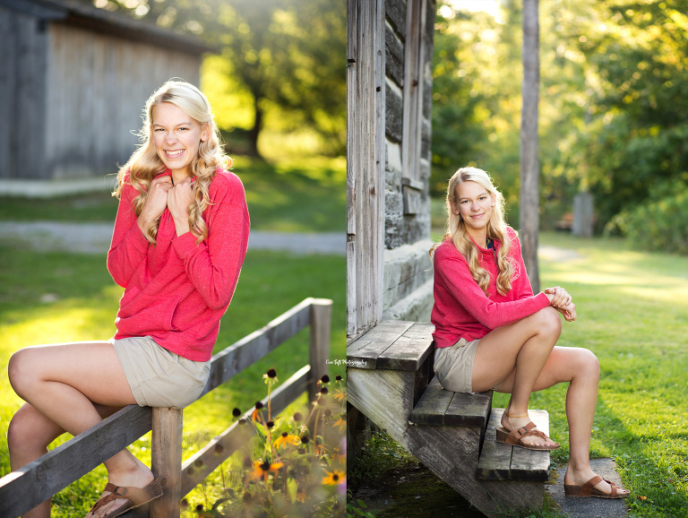 Senior girl sitting on a wooden fence outside at the Chippewa Nature Center for her photo session | Michigan Photographer