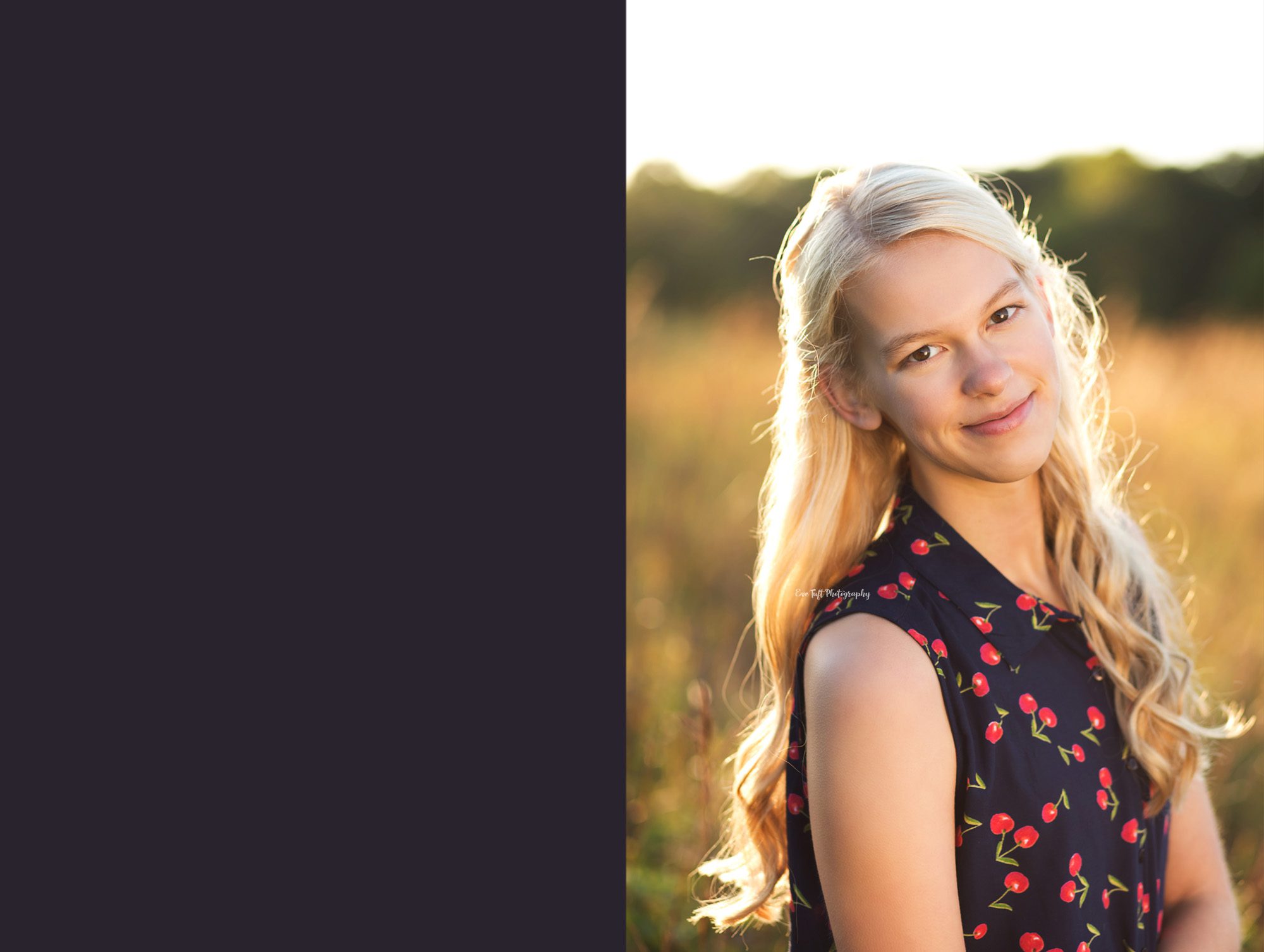 Senior girl smiling at the camera outside in a field at golden hour | Michigan Senior Portrait Photographer