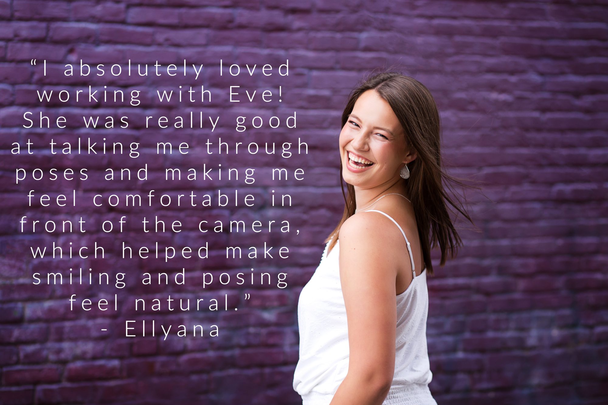 A beautiful teen stands in front of a purlpe wall in Bay City | Michigan Senior Photographer Review for Eve Tuft