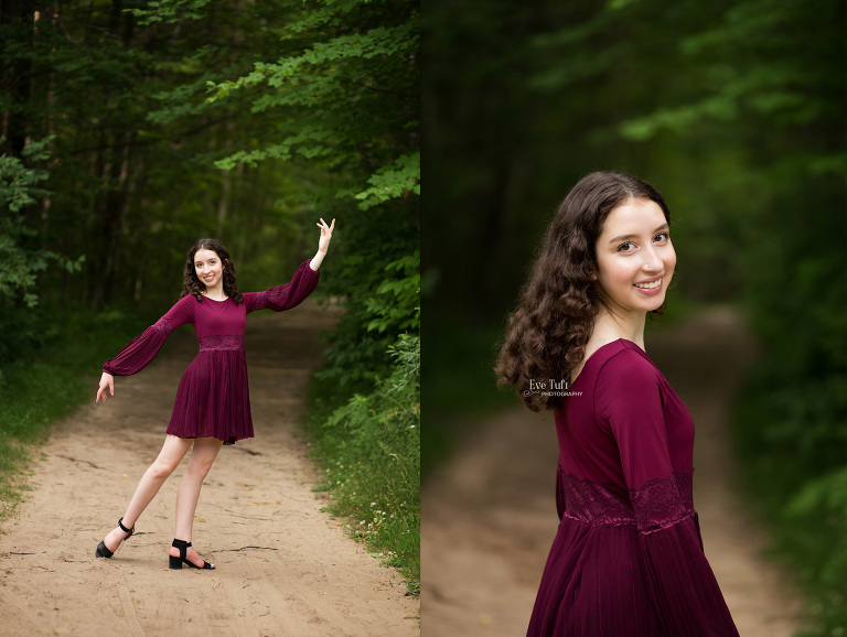 A senior girl poses in her dance dress outside at City Forest in Midland, MI
