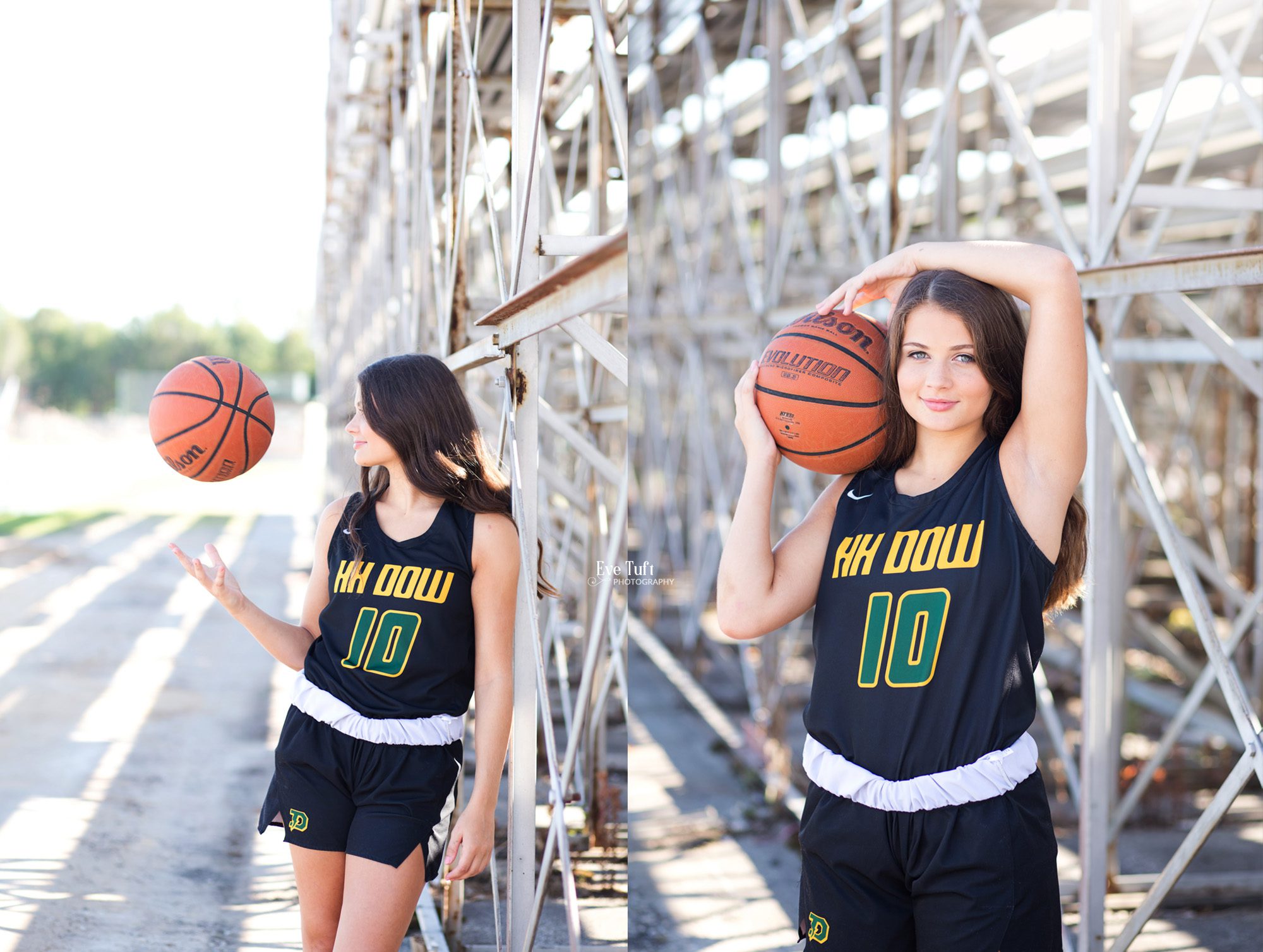 A teenage girl holds a basketball while wearing her jersey for H. H. Dow High School in Midland | Michigan Senior Photographers