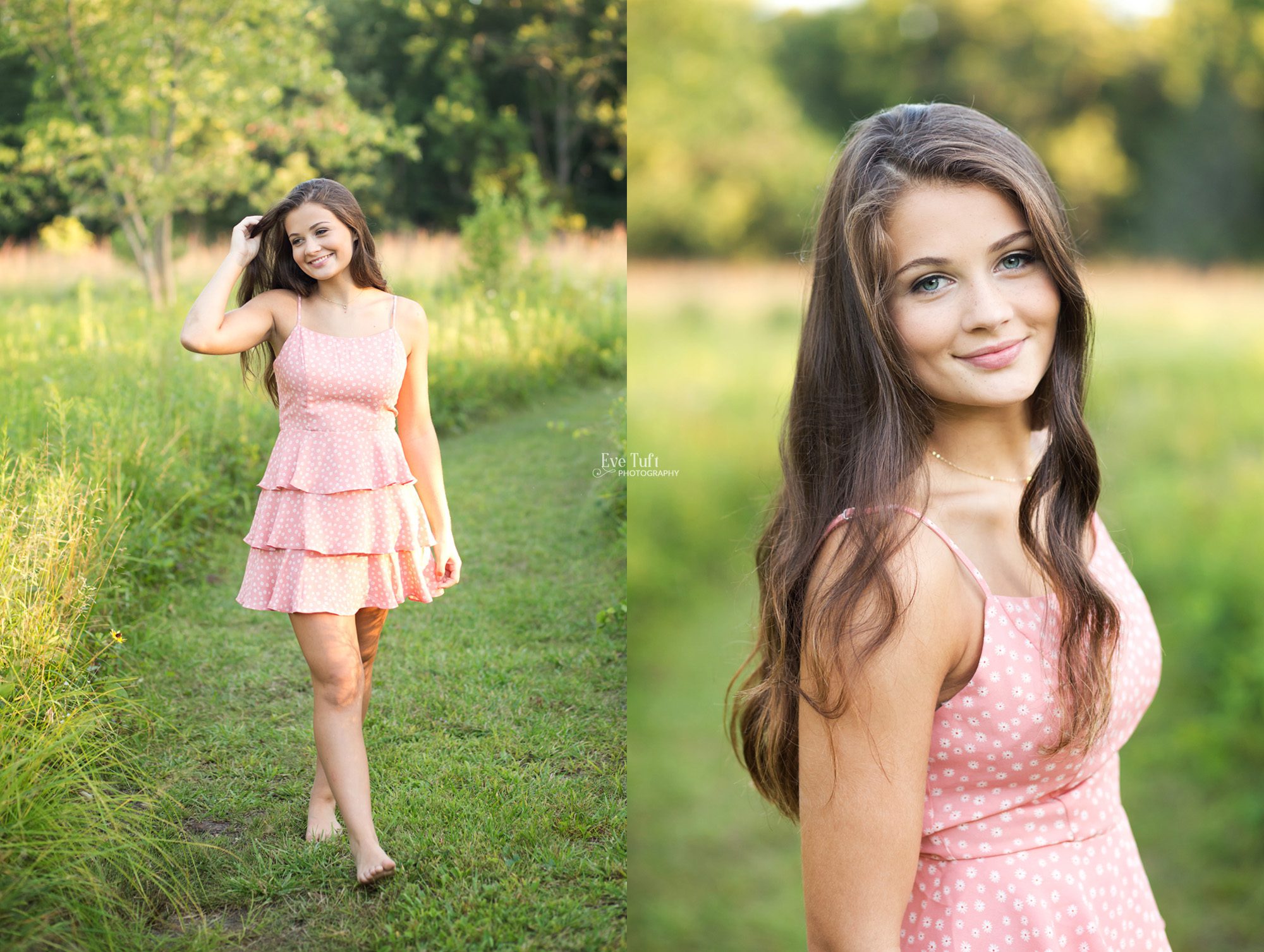 A senior girl walks down a grassy path barefoot at the Chippewa Nature Center | Senior Photographer in Midland, Michigan