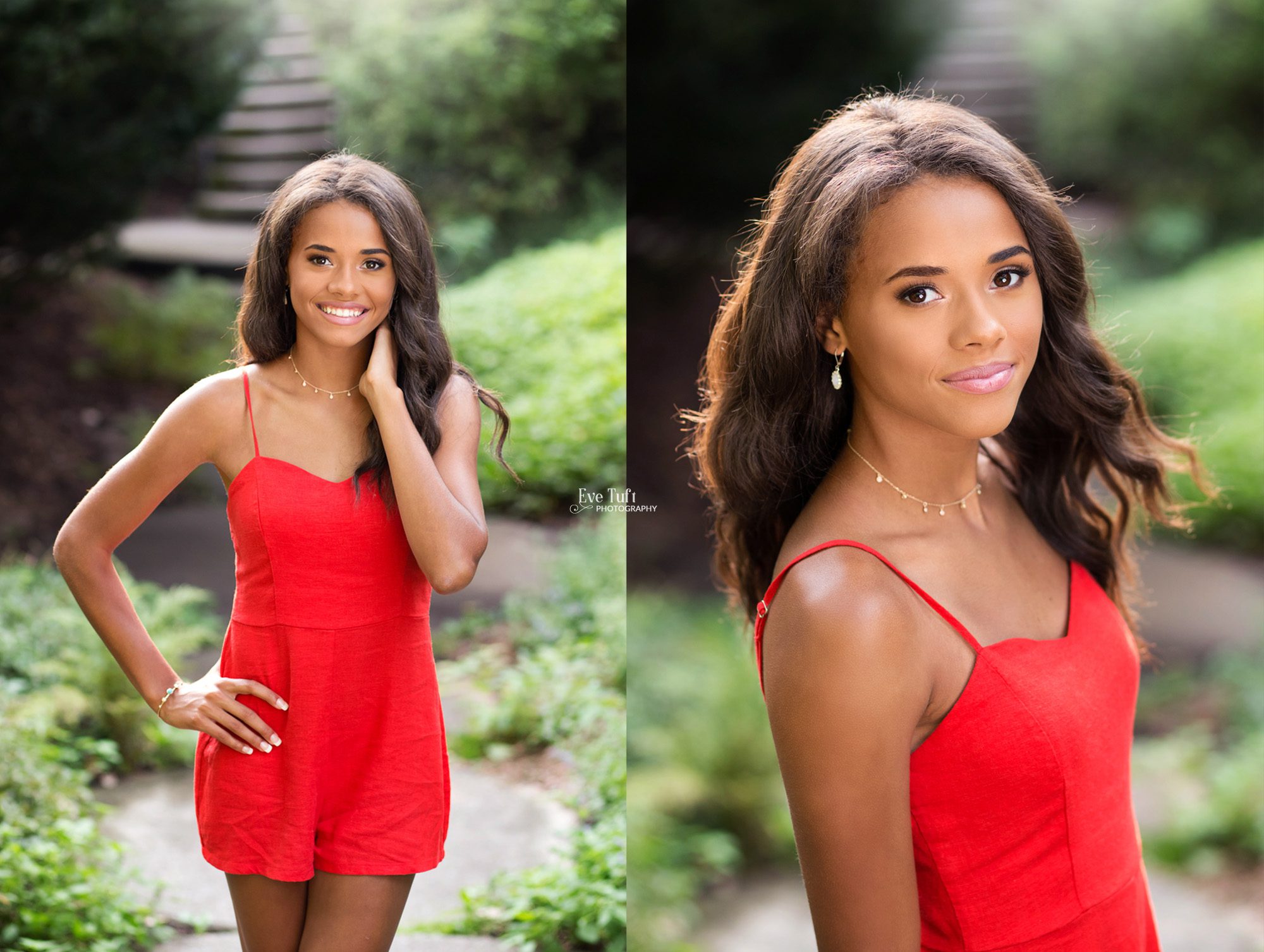 A beautiful senior girl poses at Dow Gardens for her senior session outside by some stairs | Senior Photographers in Midland, MI