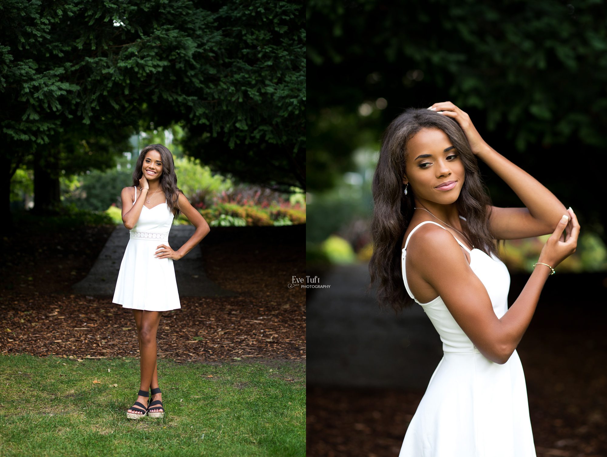 Teenage girl stands outside ins front of some pine trees in a white dress at Dow Gardens | New Locations at Dow Gardens for a senior photographer in Midland, MI