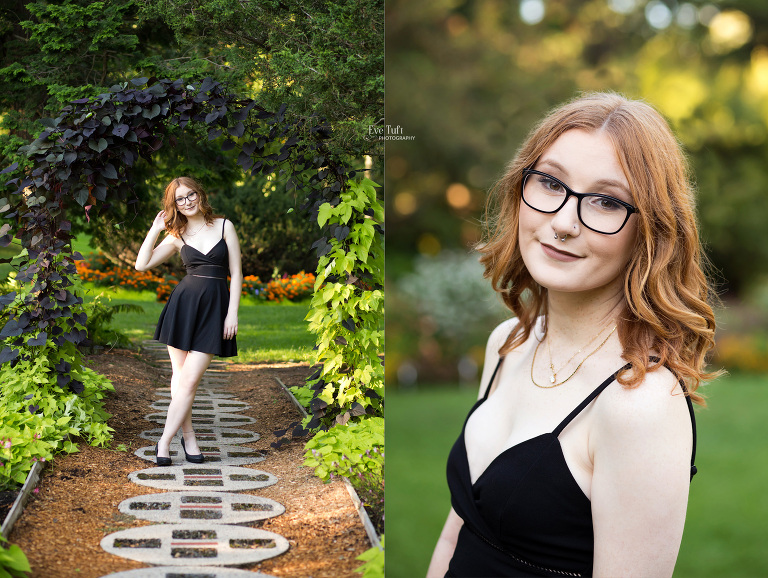 A senior stands on a pathway at Dow Gardens for her senior session | Midland Senior Photographer