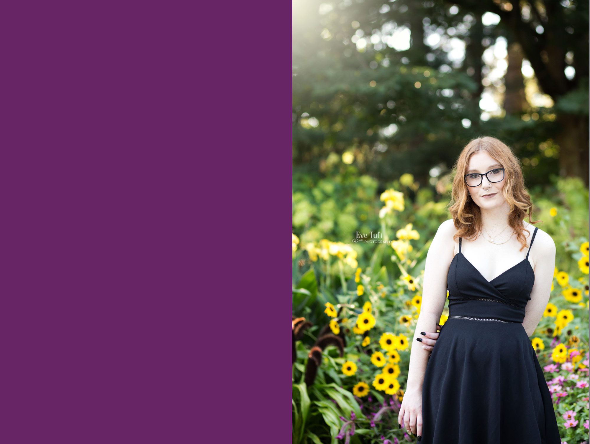 A senior girl stands in front of flowers at Dow Gardens | Senior Photographers near me