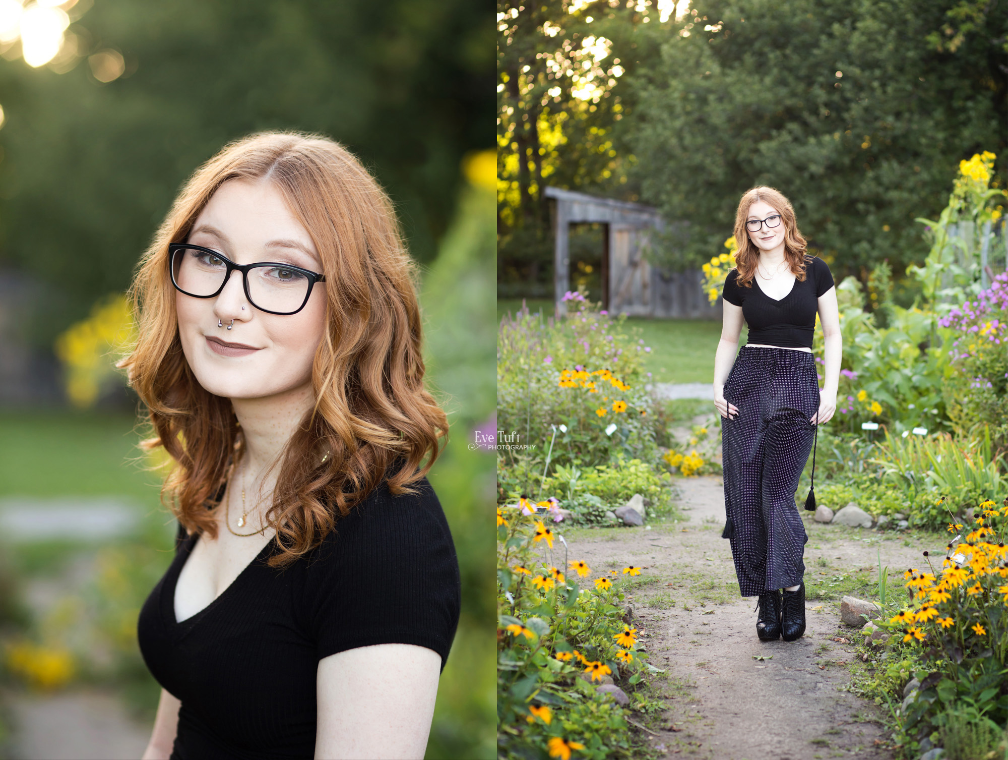 Senior girl stands near flowers for her senior session | Photographers near me