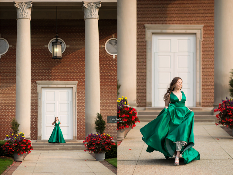 A senior girl guns down the steps of a church in a ball gown | Michigan's Premier Senior Photographer