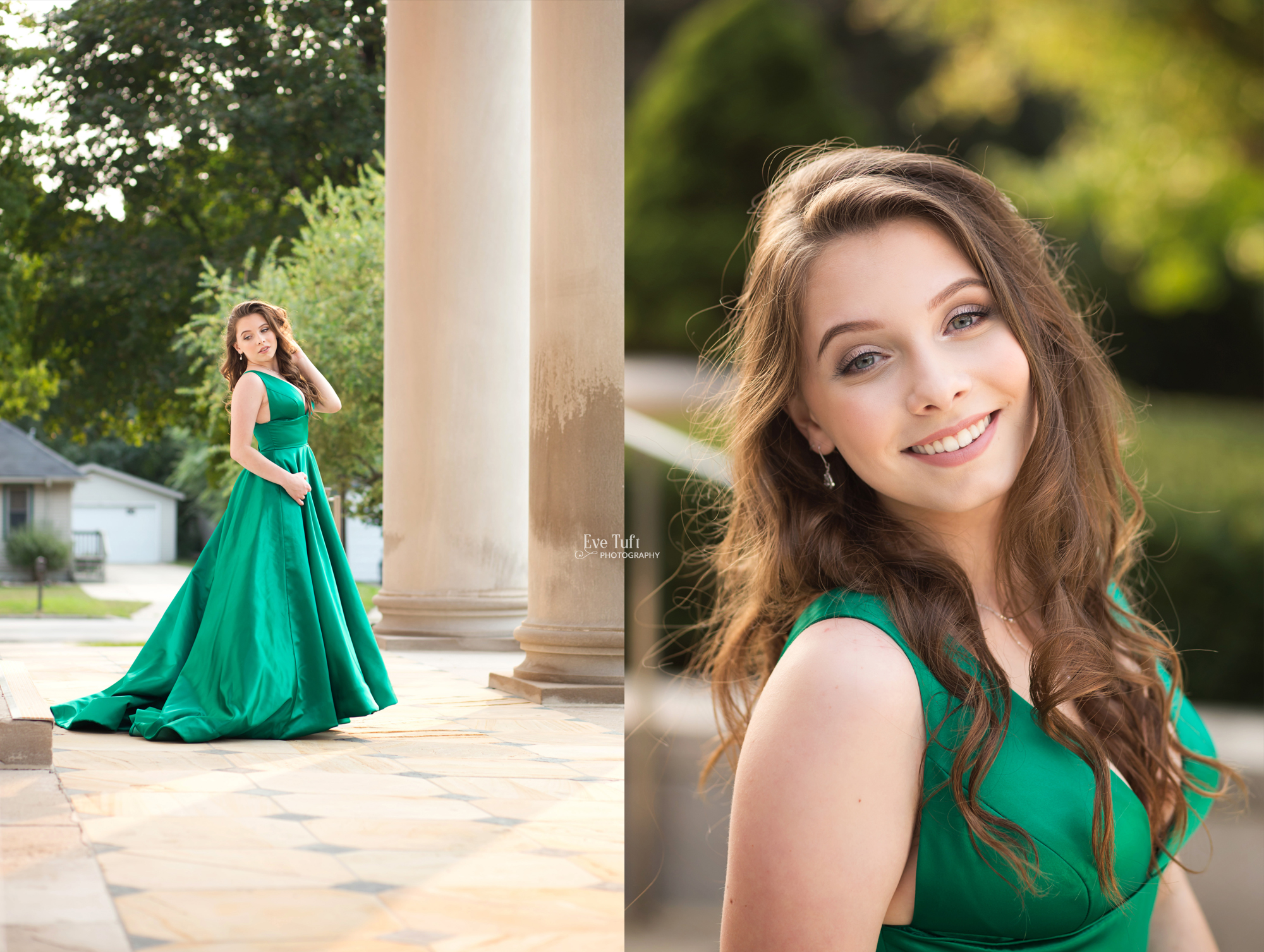 A beautiful senior girl poses outside of a church in Midland, MI in a gorgeous dress | Senior Photographer in Midland, Michigan