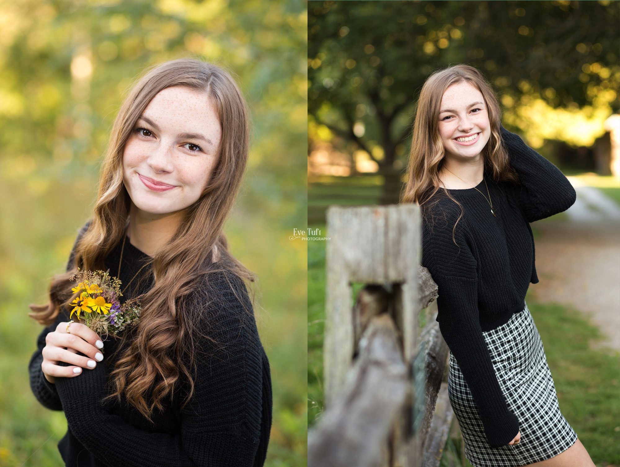 A beautiful teenager holds flowers up to her chest and leans against a wooden fence | Senior Photographer for Midland, MI