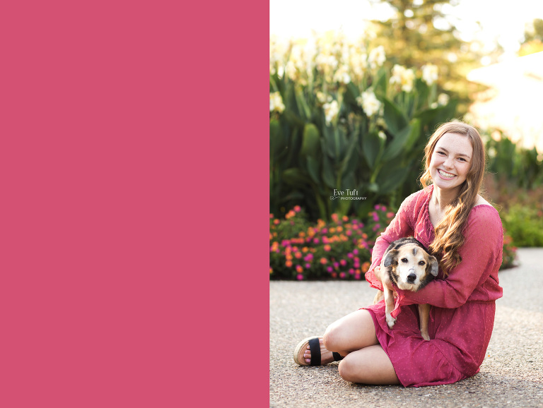 A senior girl sits in front of Dow Gardens with her dog for her senior pictures | Photographers in Midland, Michigan