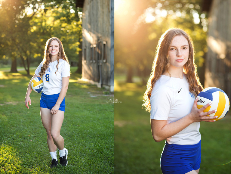 A senior girl poses outside with her volleyball uniform on for Midland High School | Midland, MI Senior Photographers