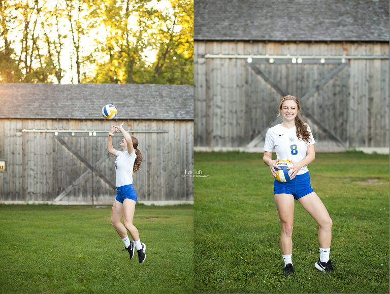 A senior girl plays volleyball outside at the CNC in front of a barn | Senior Photographers near me