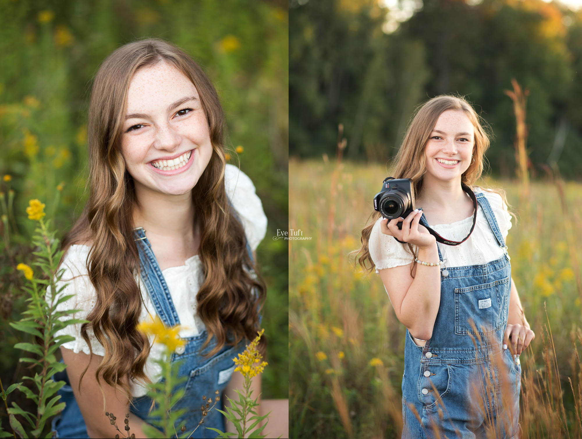 A Senior girl smiles at the camera while holding her own camers in her hand outside in a field | Michigan's Best Senior Photographer
