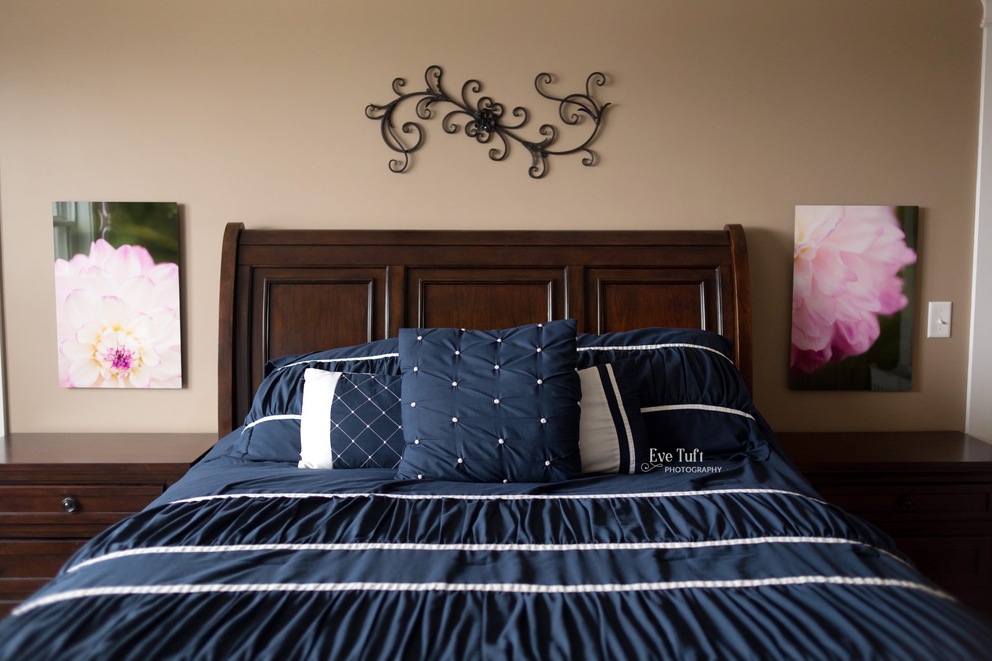 Printed dahlias pictures hanging on a bedroom wall | Michigan Photographers