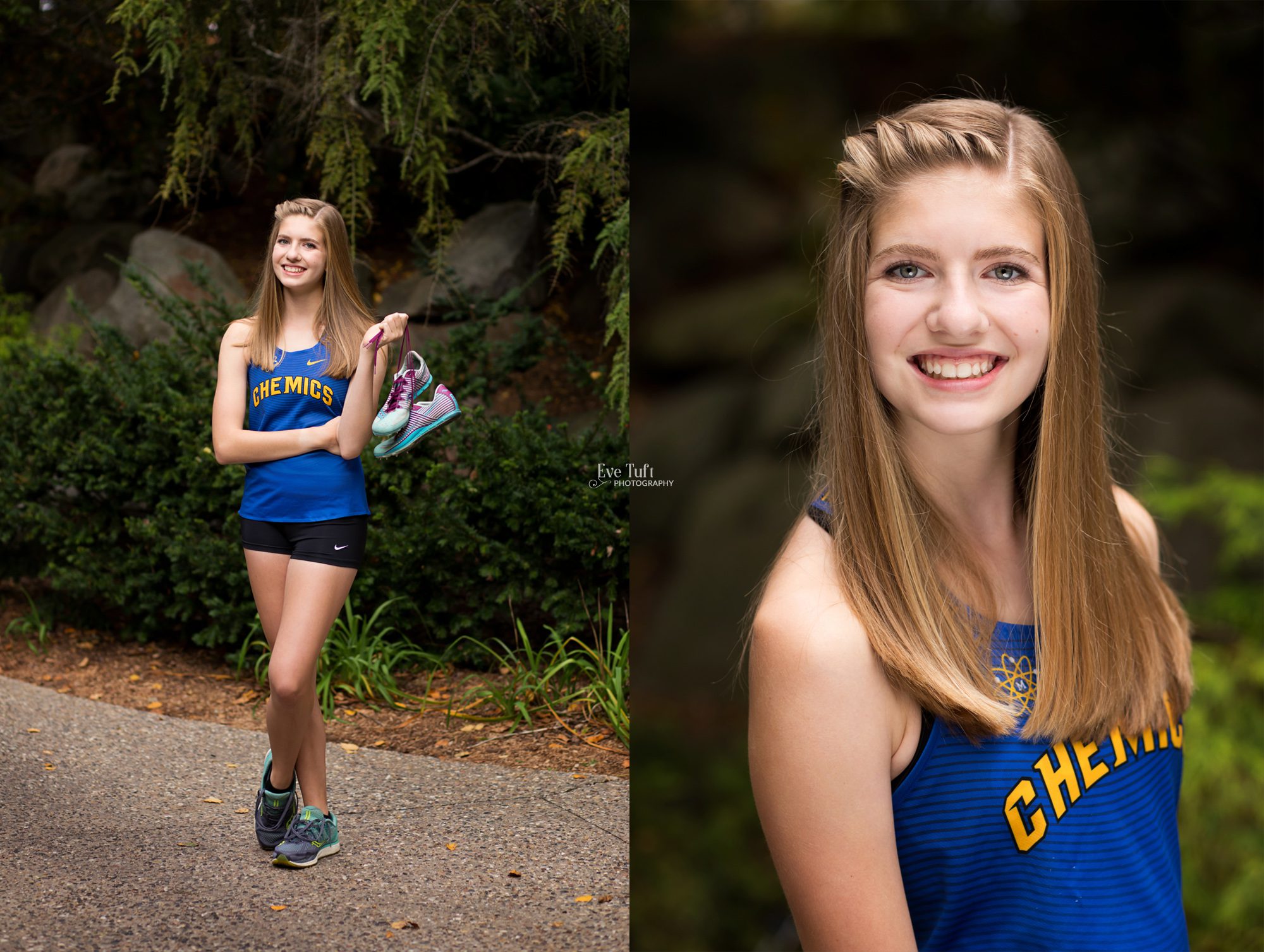 Senior girl poses at Dow Gardens with her running shoes from Midland High School | Senior Photographers near me