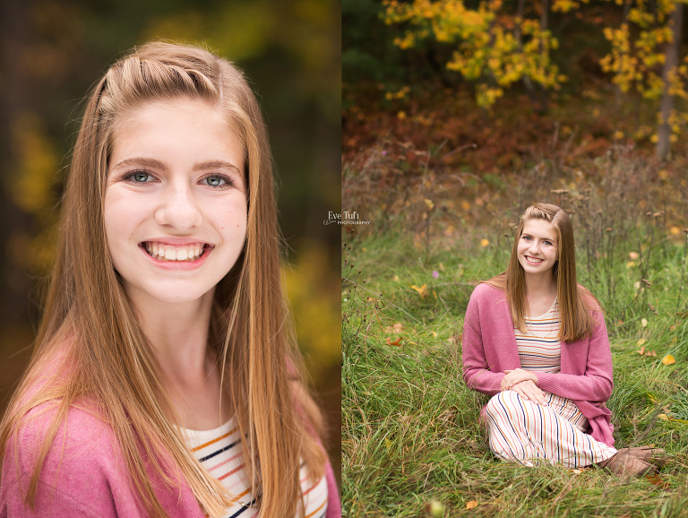 A beautiful teenager poses outside in the grass for her senior portraits with Eve Tuft Photography | Midland, MI Senior Photographers