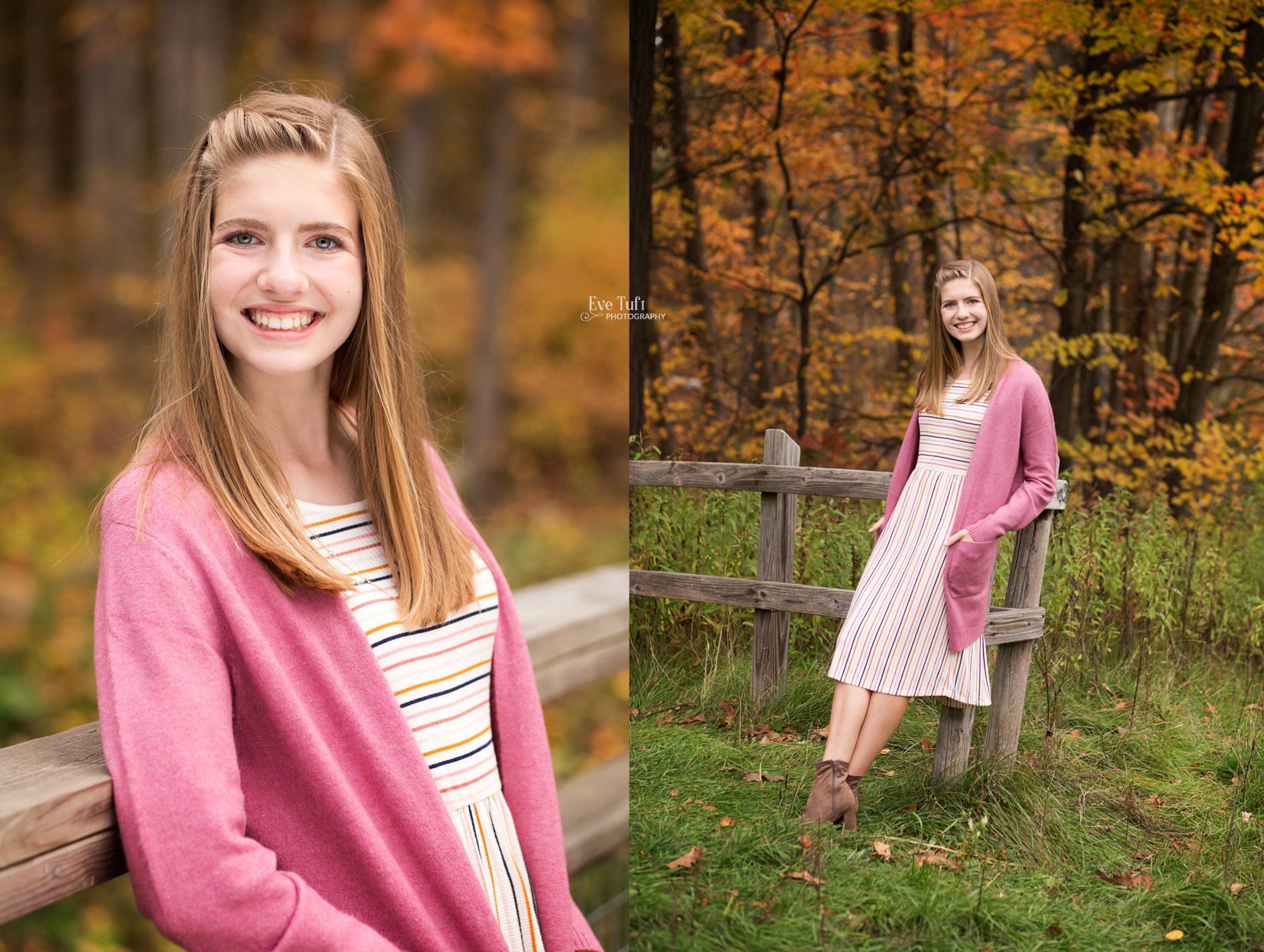 A senior girl leans up against a wooden post at City Forest in the fall | Midland, MI Senior Photographers