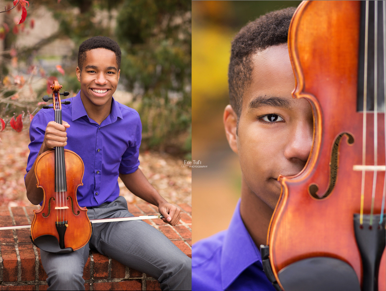 Senior teenage guy holds his violin outside Dow Gardens in Midland for the last senior session | Michigan Senior Photographers