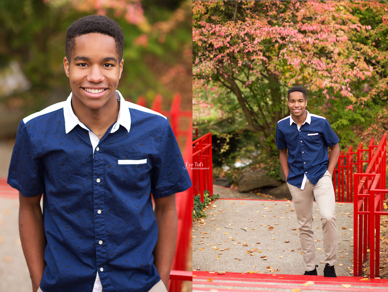 A local teenager stands on stairs outside in the fall for his senior photography session | Midland, Michigan senior photographers
