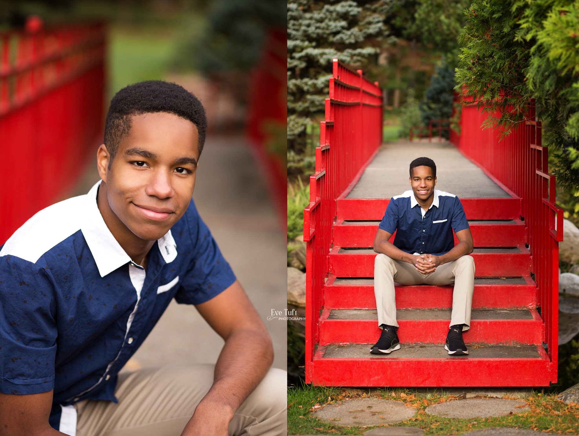 Senior boy takes pictures on red bridge over pond outside at Dow Gardens | Senior Photographers Midland, Michigan
