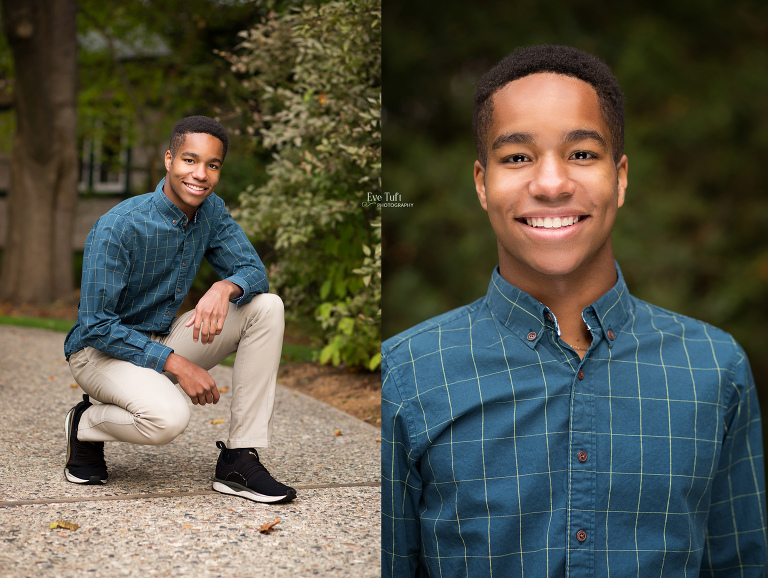 Handsome senior guy stands outside Dow Gardens for his senior session | Midland, Michigan Senior Photographers