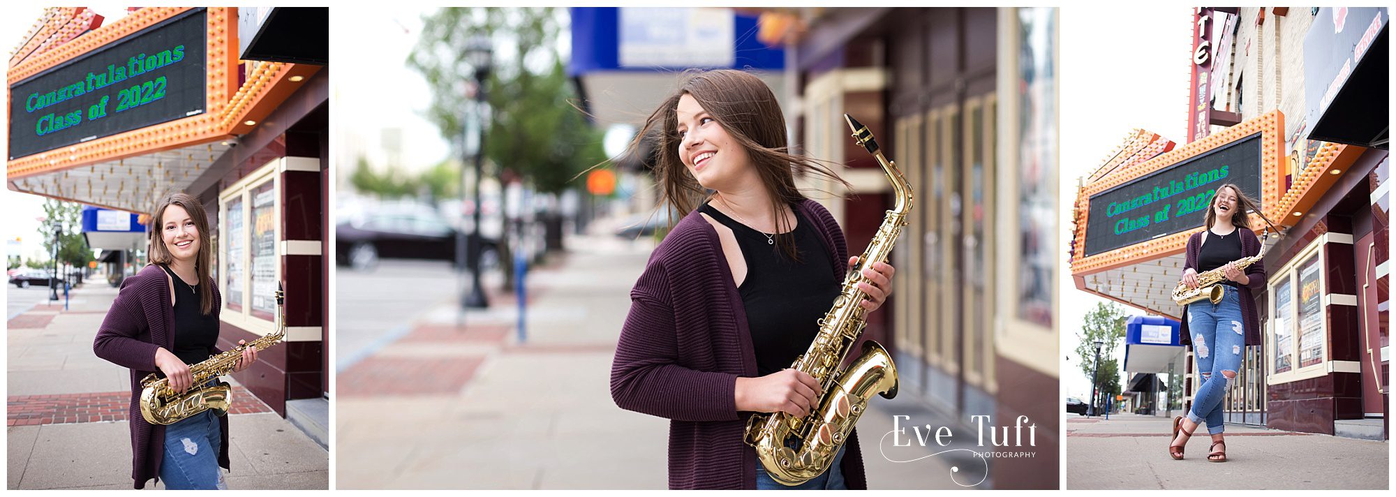 A beautiful senior girl poses with her saxophone outside a theater | Bay City, Michigan Senior Photographers