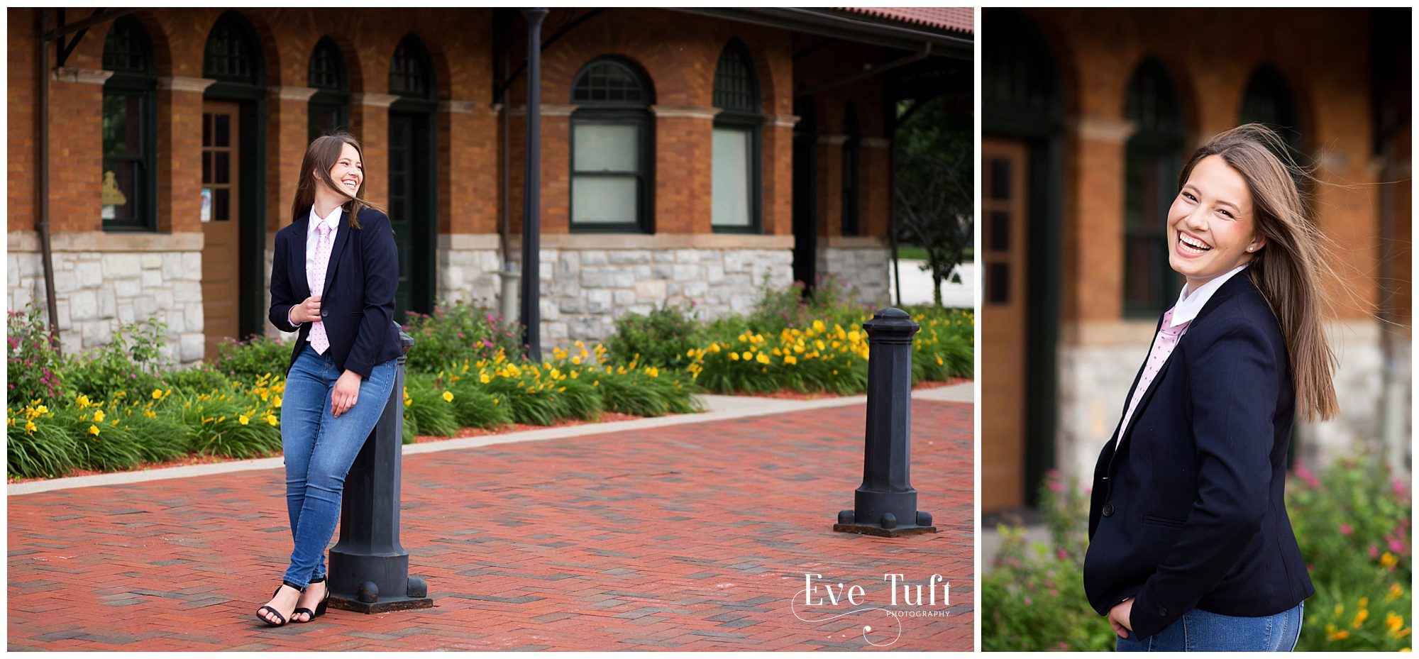 A beautiful senior laughs outside the Pere Marquette Depot in Downtown Bay City | Michigan Senior Photographer