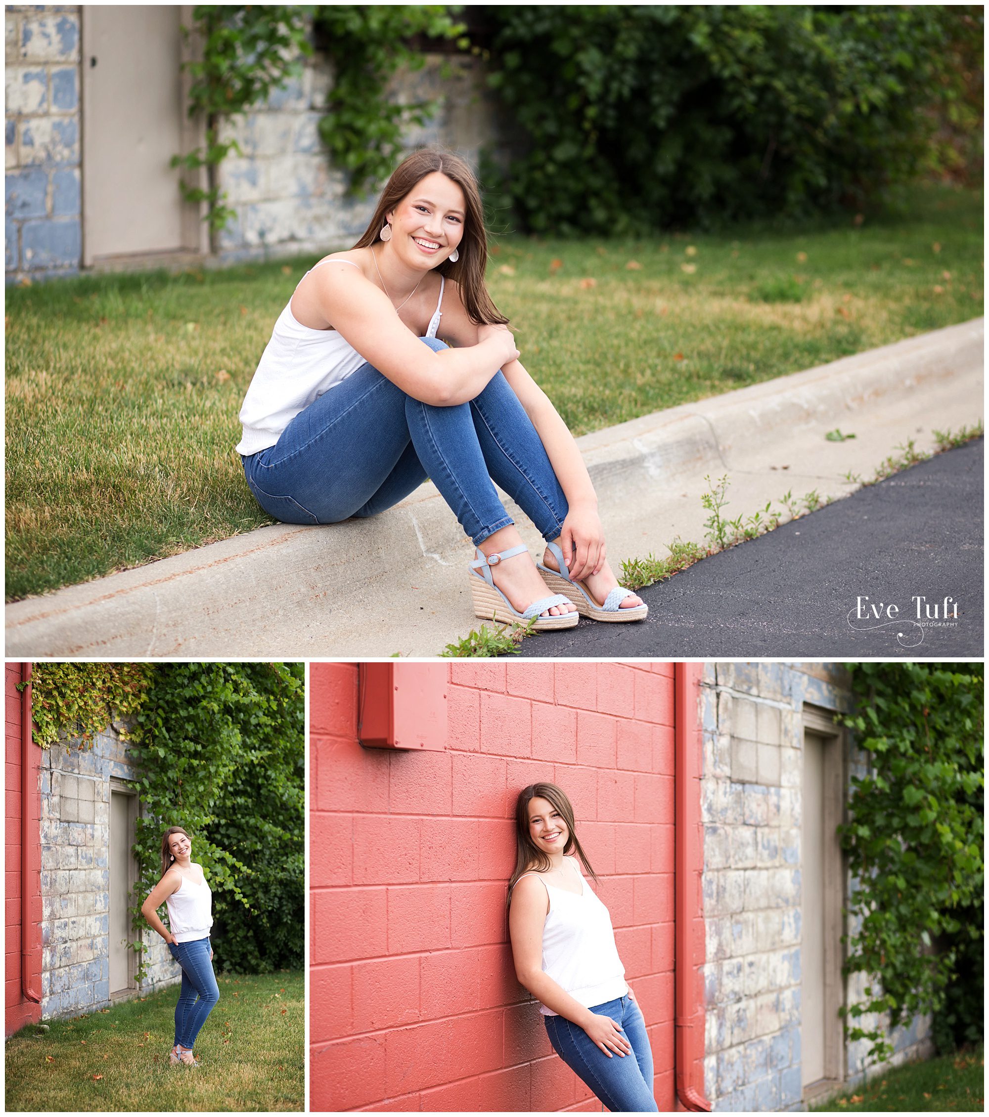 A senior girl sits on a curb near a street for her pictures | Midland, MI senior Photographers