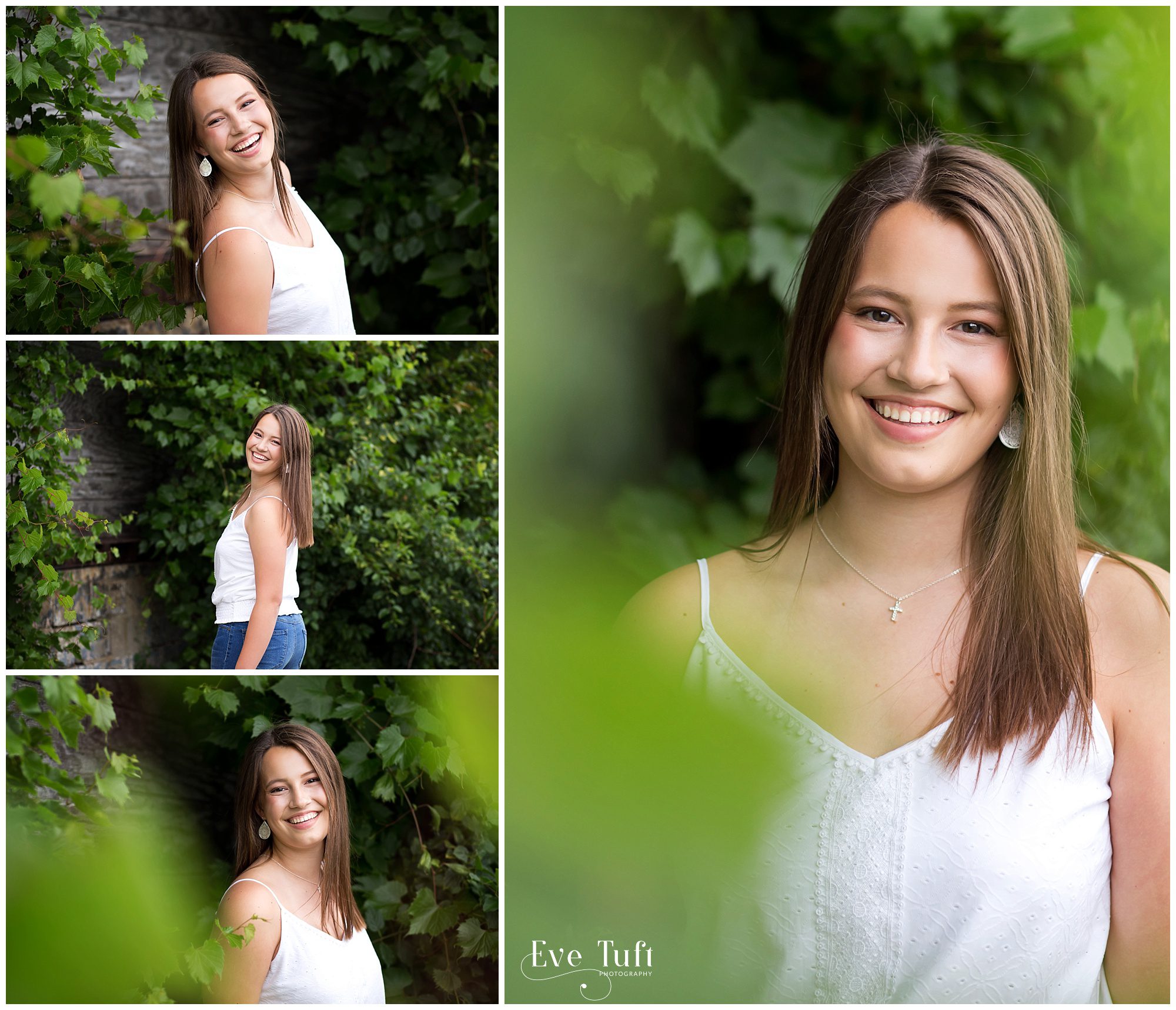 A senior girl poses near some climbing ivy on a wall outside in Downtown Bay City in MI | Senior Portrait Photographer