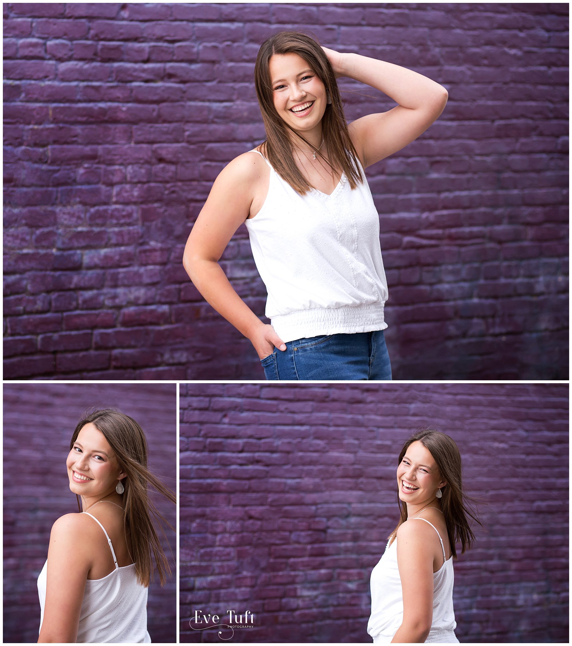 A senior girl laughs outside in front of a purple wall in Michigan | Bay City Senior Photographer