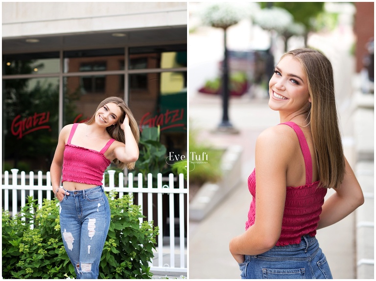 A teenage girl poses outside a shop downtown | Midland, Michigan Senior Photographers