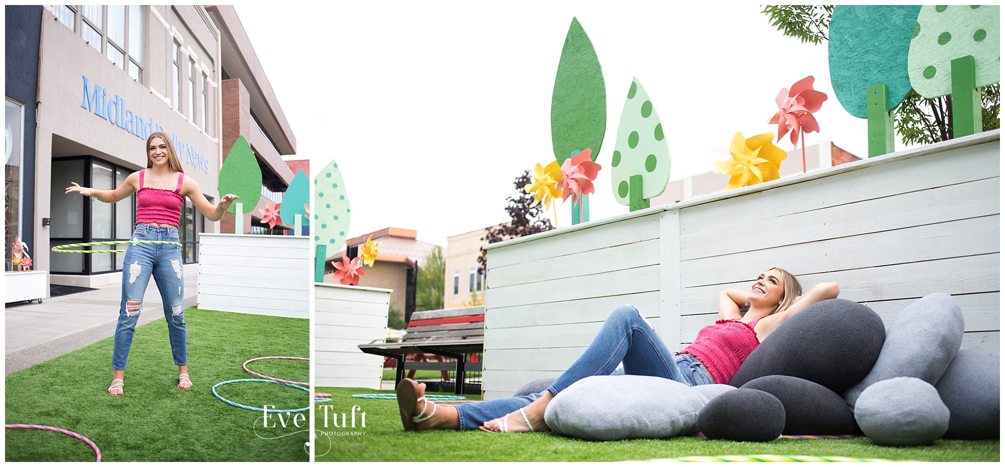 A senior lies down on bean bags and hula hoops in downtown Midland, MI | Senior photographers near me