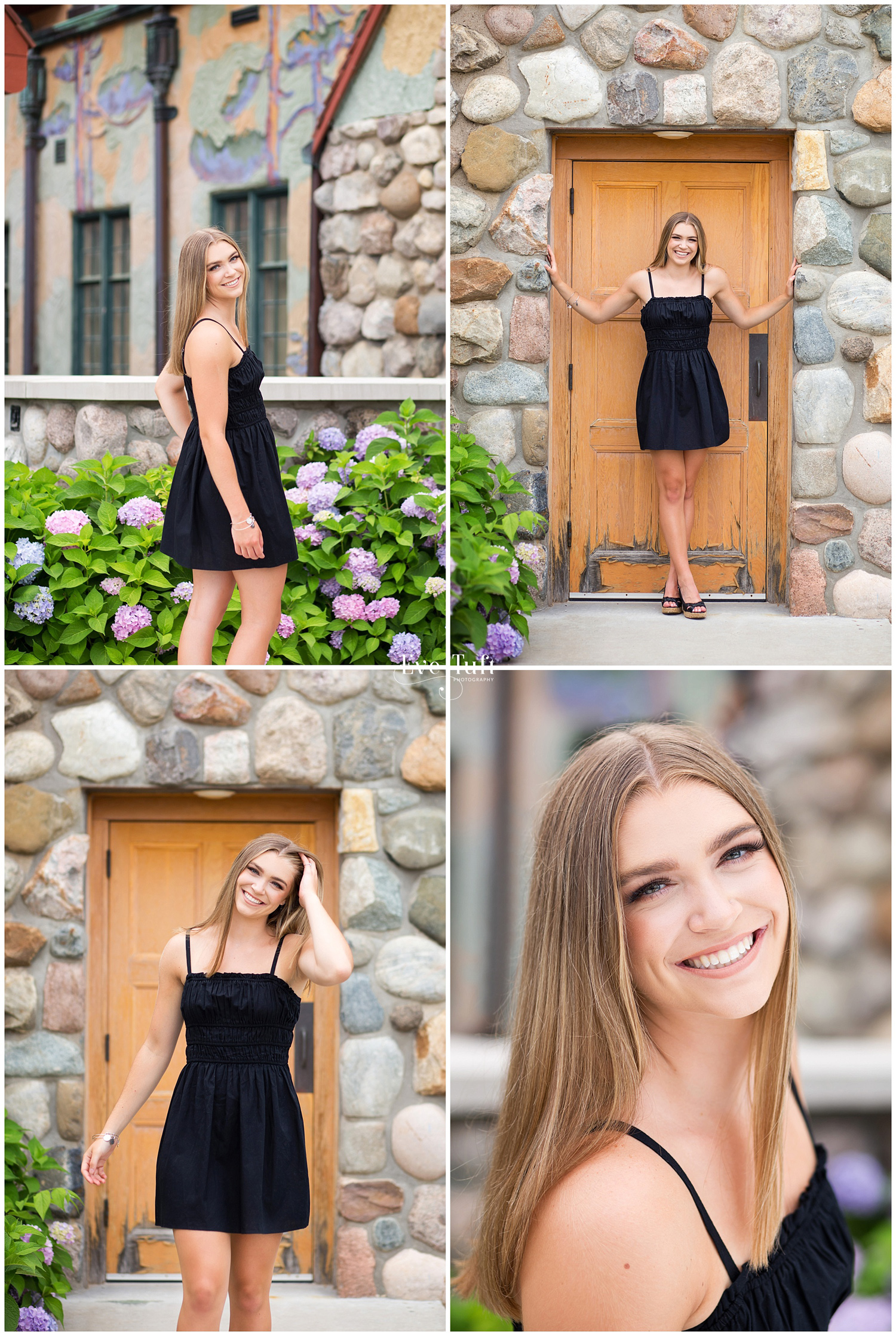 A senior poses near a wooden door and bricks and flowers by the courthouse in Midland, Michigan | Senior Photographers near me