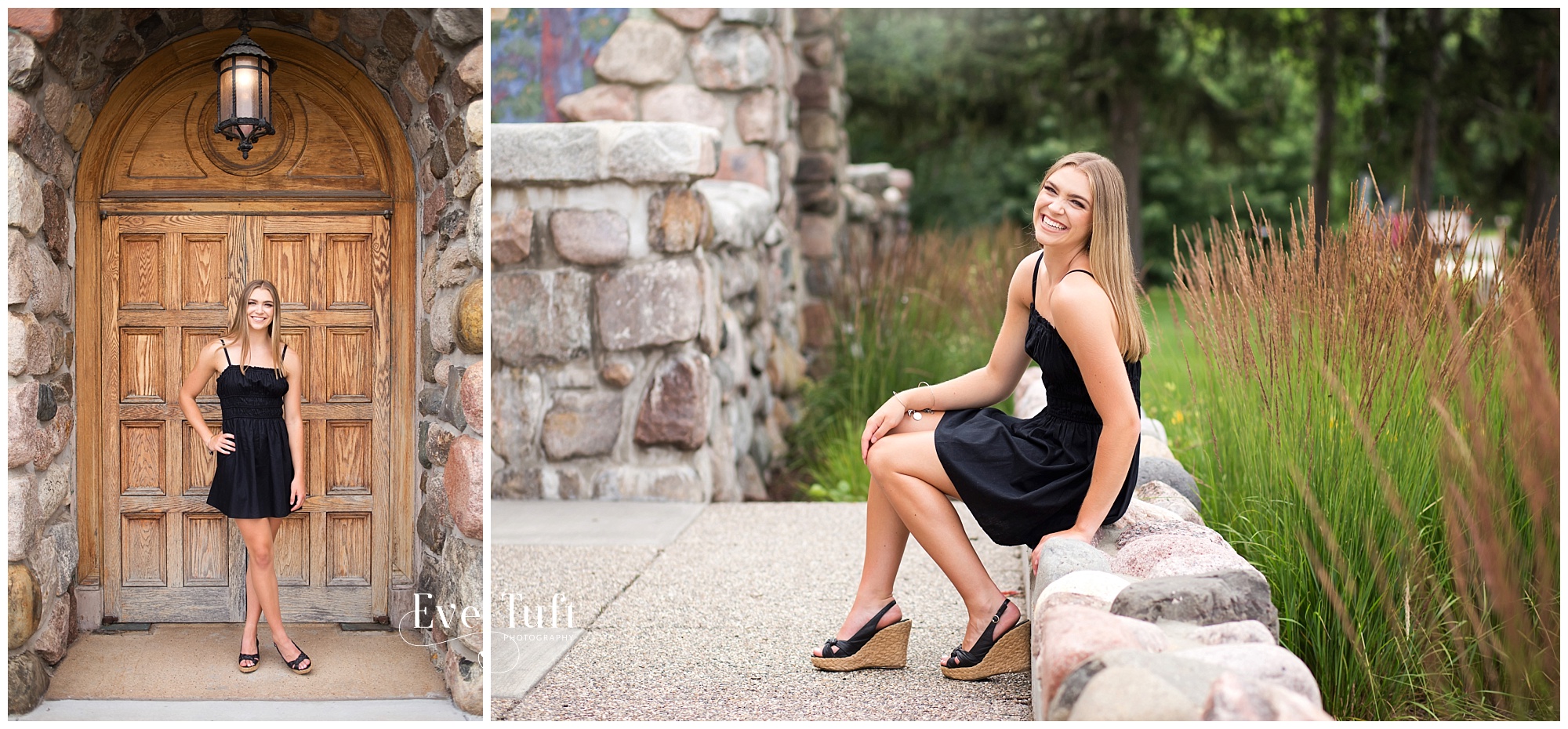 A senior sits on a brick wall in front of the courthouse in Midland | Michigan Senior Photographers