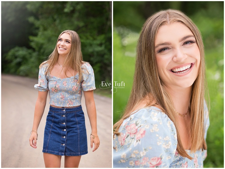 Senior girl walks along a dirt road at the Chippewa Nature Center | Photographers in Midland, Michigan