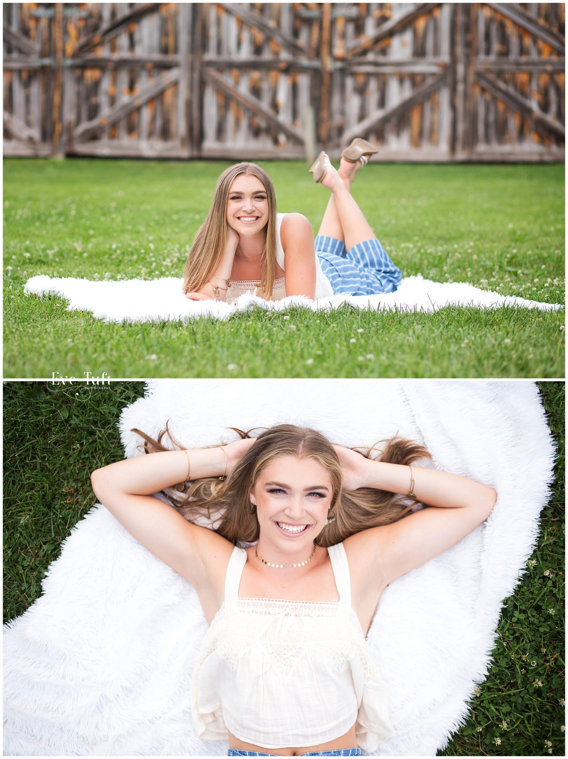 Senior girl lies on a blanket in front of a barn for her senior session | Midland, MI Senior Portrait Photographer