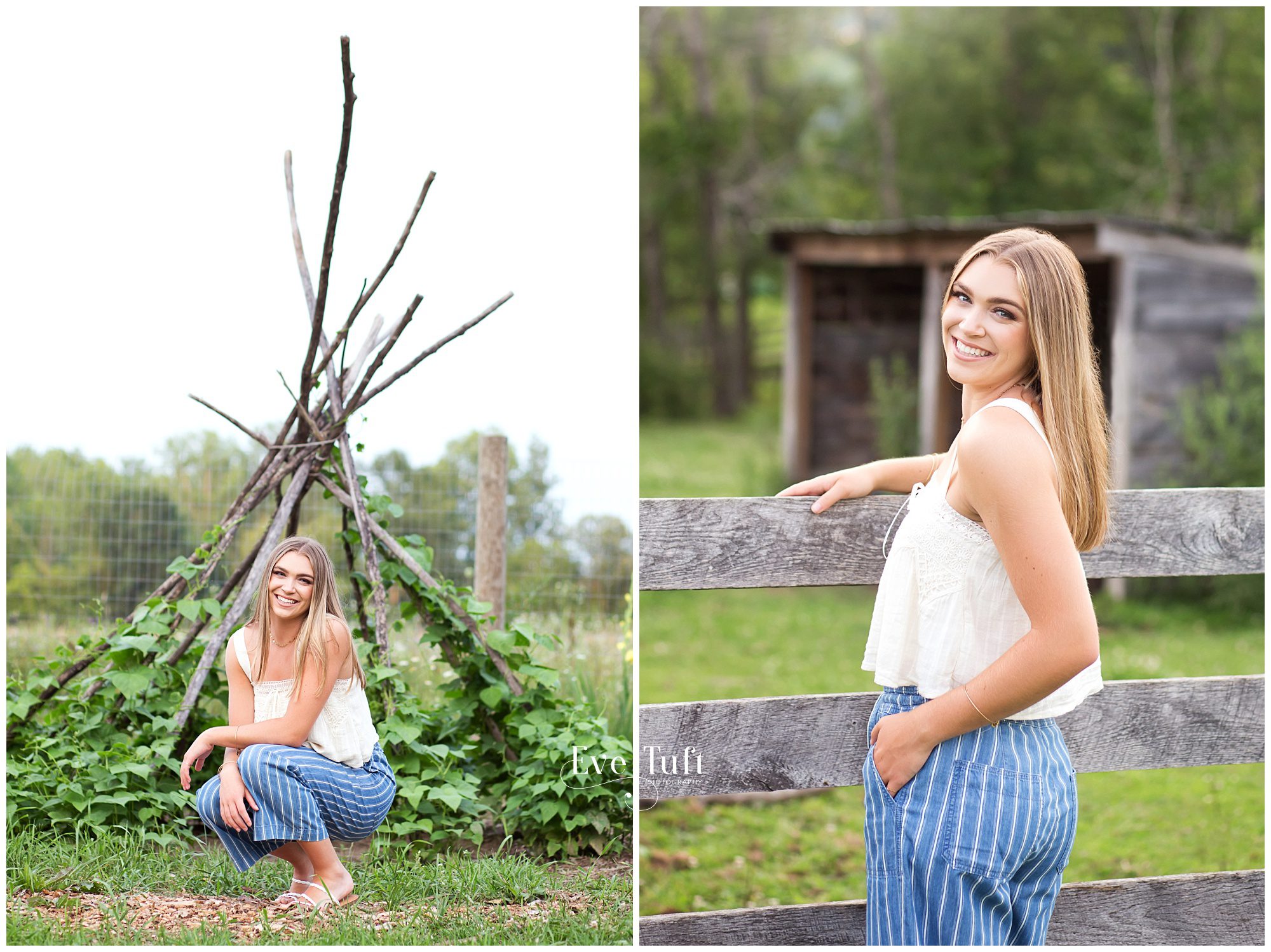 Senior girl crouches outside a teepee and is near a fence outside in Midland | Michigan Senior Photographer