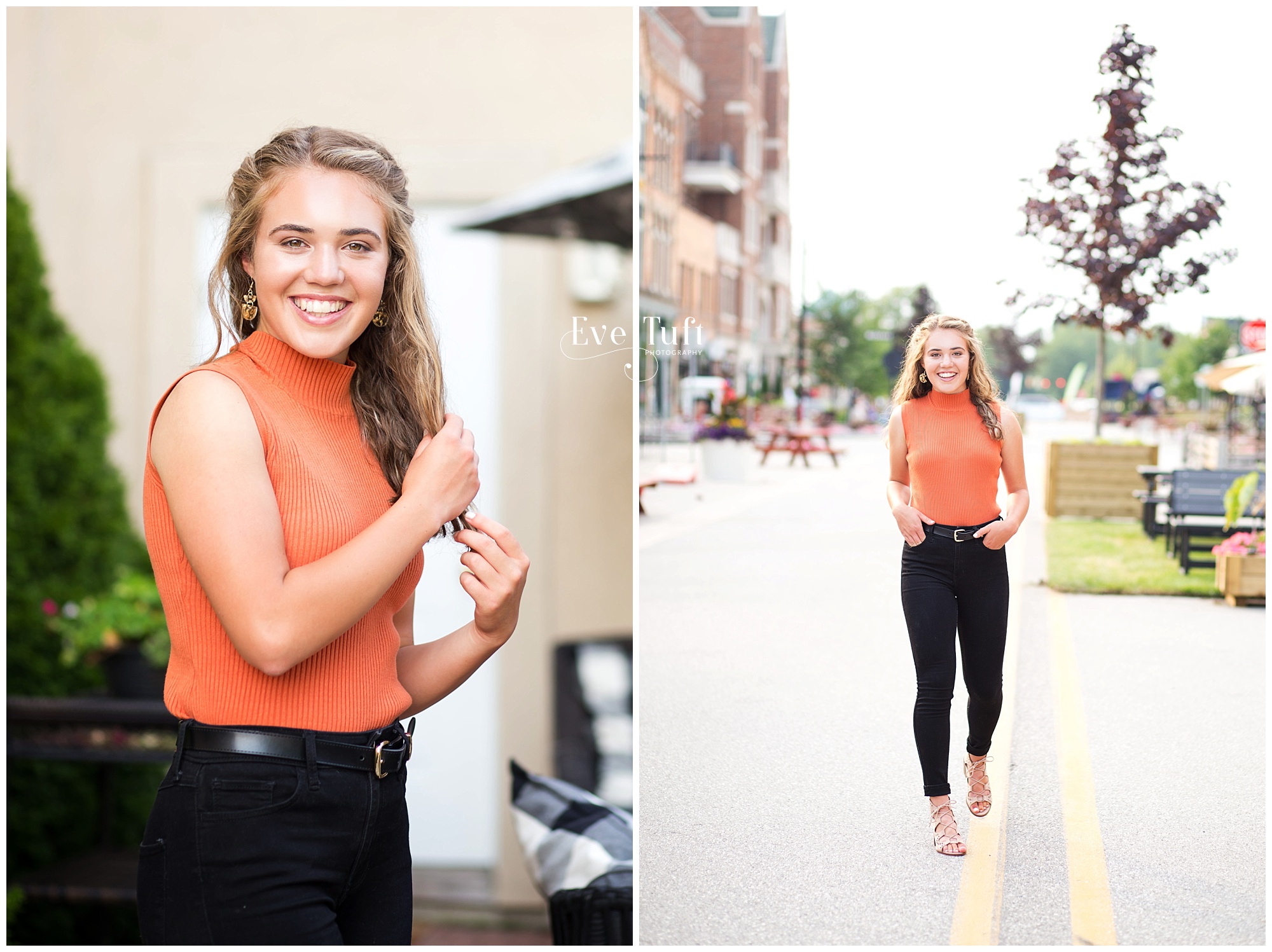 A teen walks toward the camera outside on the street | Senior Photographer in Midland, Michigan