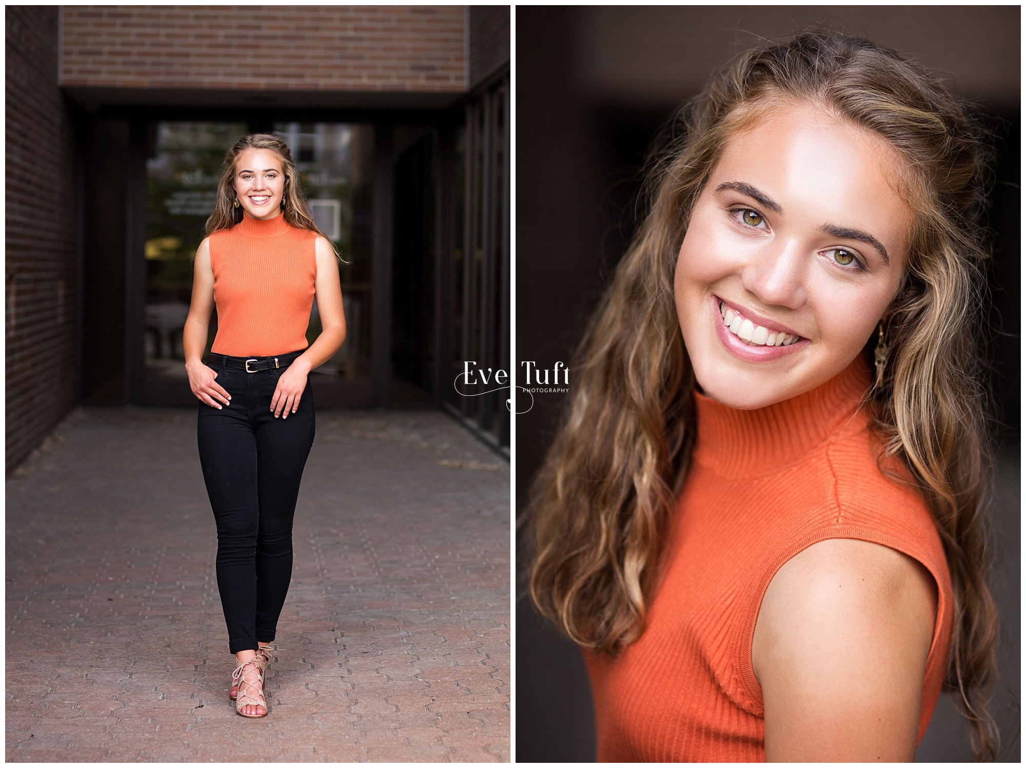A teen walks toward the camera in an alleyway in Midland, MI for her senior pictures