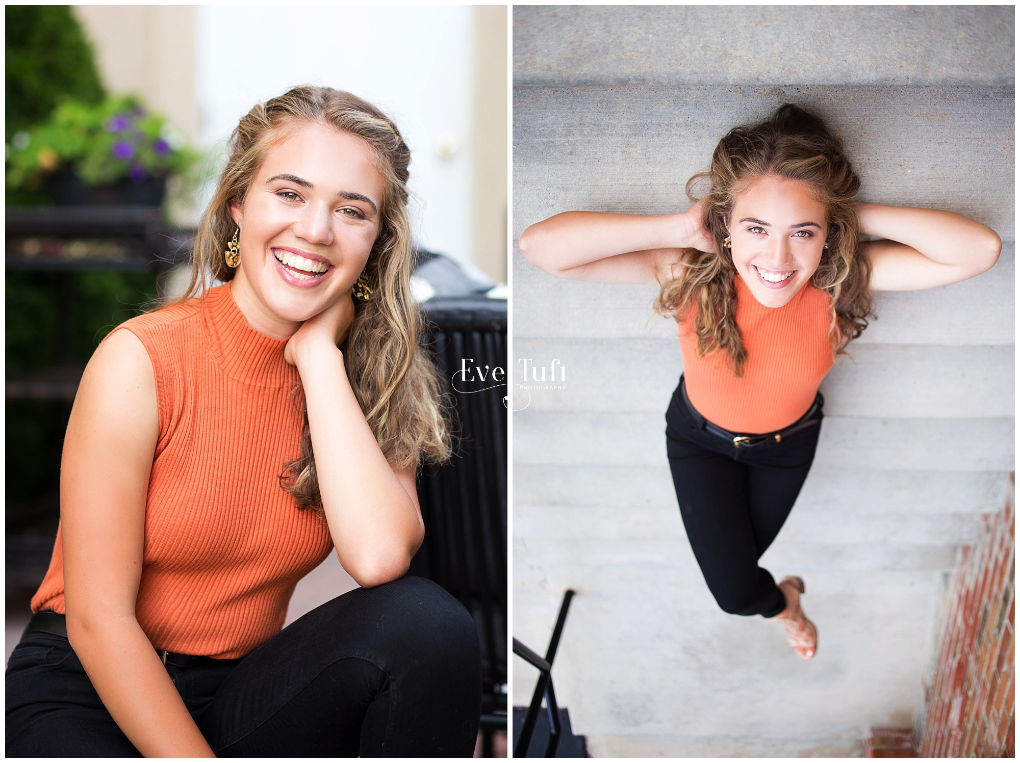 A senior girl lies down on the stairs outside | Midland, Michigan Senior Photographer
