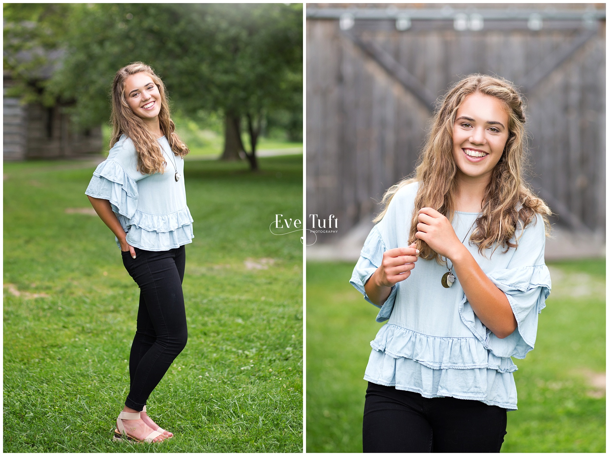 A senior girl poses by a barn outside at the Chippewa Nature Center | Midland, MI senior photographer