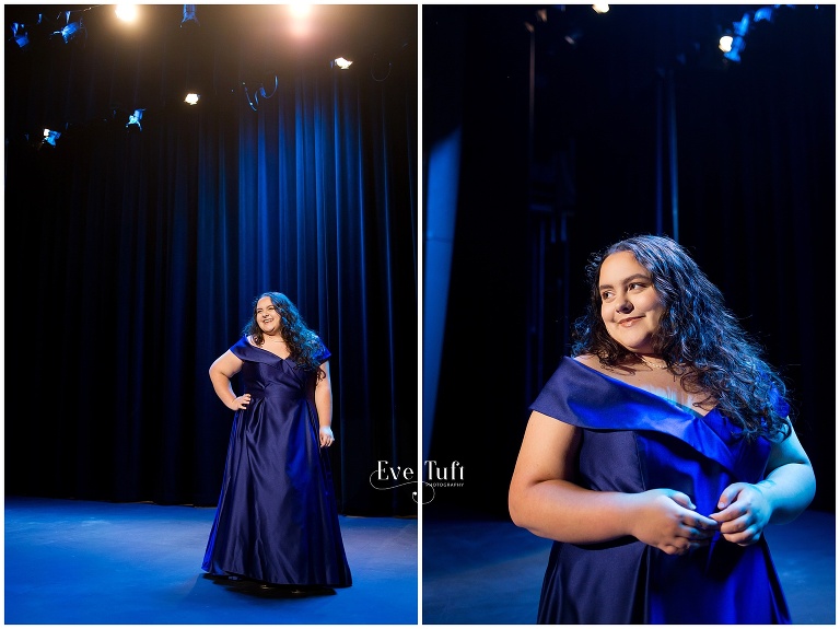 A teen stands on stage in a gown in the theater at Central Auditorium | Midland, MI Senior Photographers