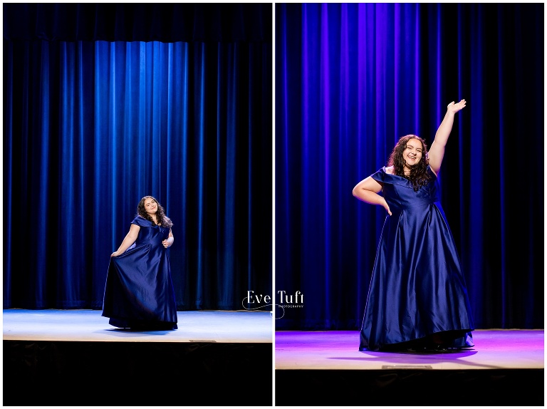 A teen twirls on stage in the theater | Senior Photographer in Midland, MI