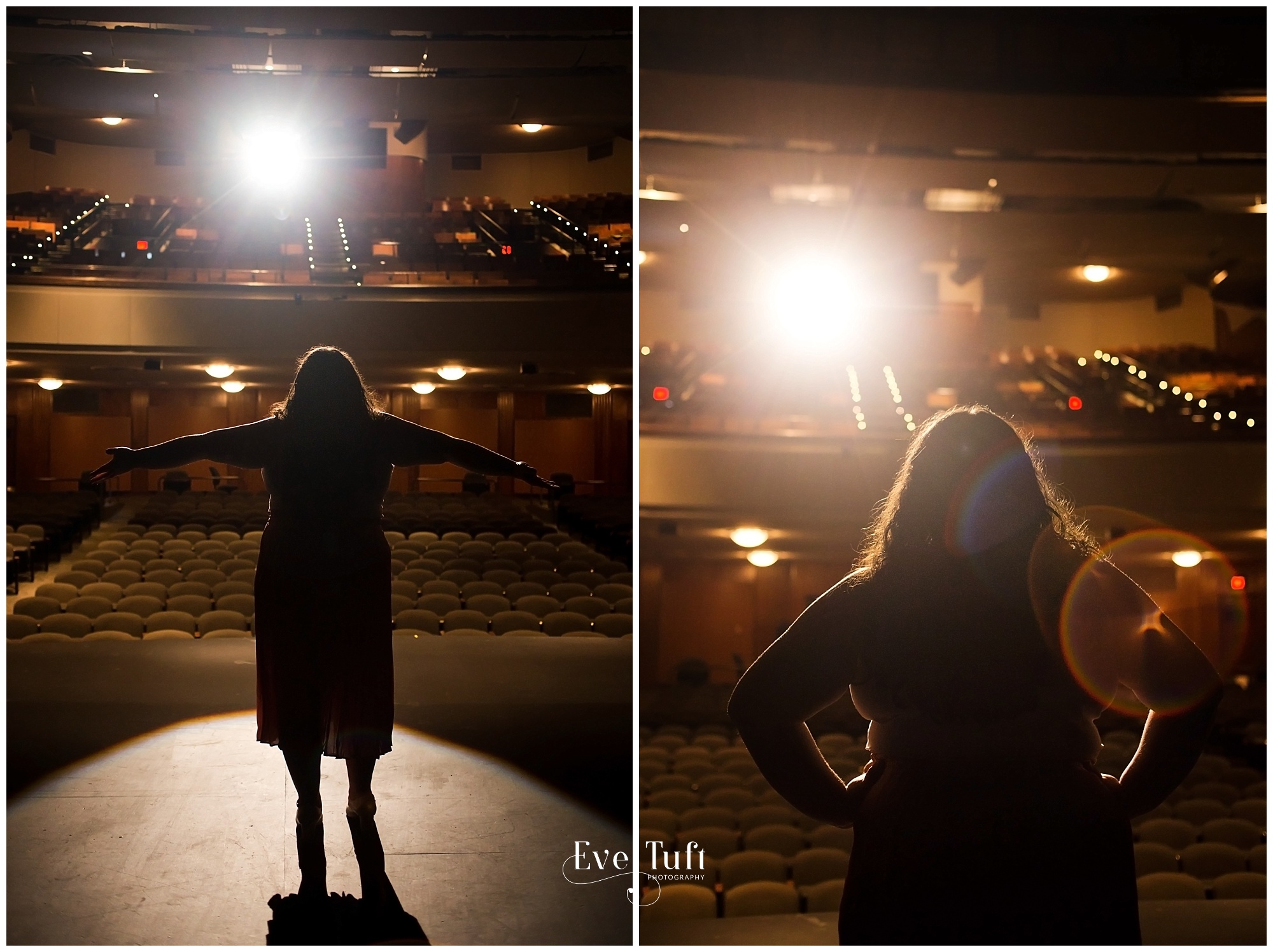 A senior stands on stage in a theater and auditorium for her session | Midland, MI Senior Photographers